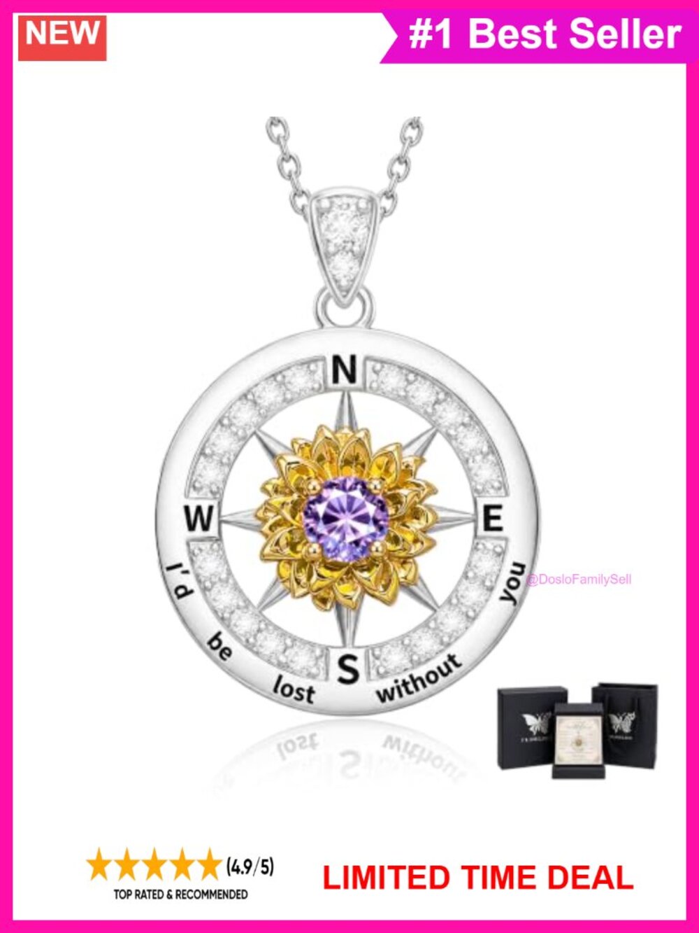 Sterling Silver Compass Sunflower Pendant Necklace 18K White Gold 24K Gold